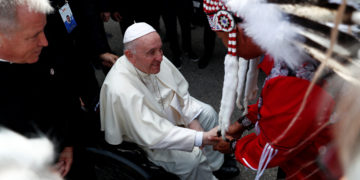 Pope Francis is welcomed after arriving at Edmonton International Airport, near Edmonton, Alberta, Canada July 24, 2022. REUTERS/Guglielmo Mangiapane