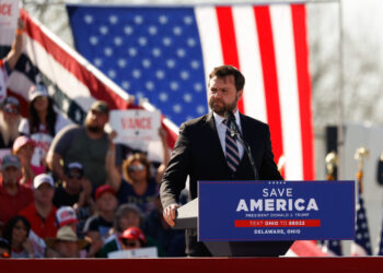 COLUMBUS, OH — APRIL 23: J.D. Vance, candidate for the U.S. Senate speaks at the Save America Rally featuring the former President Donald J. Trump, April 23, 2022, at the Delaware County Fairgrounds, Delaware, Ohio. (Photo by Graham Stokes)