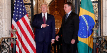 U.S. President Donald Trump hosts a photo-op with Brazilian President Jair Bolsonaro before attending a working dinner at the Mar-a-Lago resort in Palm Beach, Florida, U.S., March 7, 2020. REUTERS/Tom Brenner     TPX IMAGES OF THE DAY