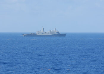 CARIBBEAN SEA (Aug. 28, 2025) The amphibious transport dock USS San Antonio (LPD 17) maneuvers to formation with the rest of the Iwo Jima Amphibious Ready Group (IWO ARG) during its regularly scheduled deployment to the U.S. Fourth Fleet area of responsibility. U.S. Naval Forces Southern Command/U.S. Fourth Fleet is the trusted maritime partner for Caribbean, Central and South America maritime forces leading to improved unity, security, and stability. (U.S. Navy Photo by Mass Communication Specialist Seaman Brendan Watt)