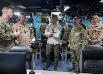 Secretary of War Pete Hegseth and Chairman of the Joint Chiefs of Staff Gen. Dan Caine meet with Navy leadership aboard the USS Iwo Jima in the Caribbean Sea, September 8, 2025. (DoW photo by Benjamin Applebaum)