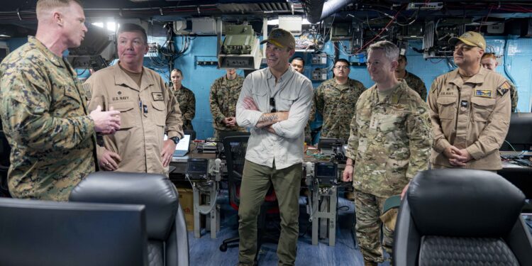 Secretary of War Pete Hegseth and Chairman of the Joint Chiefs of Staff Gen. Dan Caine meet with Navy leadership aboard the USS Iwo Jima in the Caribbean Sea, September 8, 2025. (DoW photo by Benjamin Applebaum)