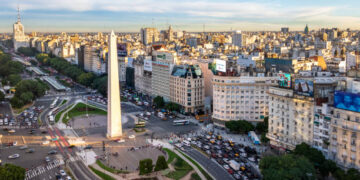 Buenos Aires, Argentina - May 15, 2018: Aerial view of Buenos Aires and 9 de julio avenue - Buenos Aires, Argentina