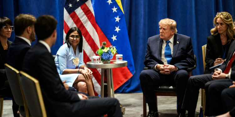 President Donald J. Trump participates in a pull-aside meeting with Acting President Delcy Rodruiguez of Venezuela at the Lotte Palace Hotel in New York City, Tuesday, September 22, 2026. (Official White House Photo by Daniel Torok)
